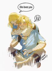 Rule 34 | !, !!, 1boy, 1girl, behind another, blonde hair, blue eyes, blue shirt, blue tunic, boots, braid, brown pants, champion&#039;s tunic (zelda), crown braid, dated, dropping, earrings, english text, fingerless gloves, flower, gloves, grey pants, hair ornament, hairclip, highres, hug, hug from behind, indian style, jewelry, knee boots, leaning forward, link, looking down, merianaka, nintendo, pants, parted bangs, pointy ears, princess zelda, shirt, signature, simple background, sitting, speech bubble, surprised, the legend of zelda, the legend of zelda: tears of the kingdom