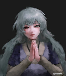Rule 34 | 1girl, absurdres, artist name, black background, black sclera, colored sclera, commentary request, eto (tokyo ghoul), green eyes, green hair, heterochromia, highres, jewelry, layered sleeves, long hair, long sleeves, looking at viewer, necklace, omohiro, own hands together, palms together, parted lips, red eyes, short over long sleeves, short sleeves, simple background, solo, tokyo ghoul, upper body