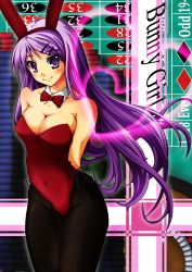 Rule 34 | 1girl, absurdres, animal ears, arms behind back, bare shoulders, blush, bow, bowtie, breasts, casino, character request, cleavage, fake animal ears, female focus, ge-ha, hair ornament, hairclip, happy, heart, highres, long hair, pantyhose, playboy bunny, purple eyes, purple hair, rabbit ears, solo, source request, very long hair, wind