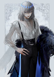 Rule 34 | 1boy, au (d elete), black pants, blue eyes, cape, crown, european clothes, fate/grand order, fate (series), feet out of frame, fur trim, grey hair, hand on own hip, highres, holding, holding cape, holding clothes, insect wings, looking at viewer, male focus, oberon (fate), oberon (third ascension) (fate), pants, short hair, solo, spoilers, suspenders, wings