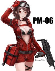 Rule 34 | 1girl, :o, absurdres, artist name, belt, black choker, breasts, brown hair, character name, choker, cleavage, eyewear on head, fb glauberyt, girls&#039; frontline, gloves, gun, hand in own hair, handgun, highres, holding, holding weapon, jacket, lithographica, looking at viewer, machine pistol, medium breasts, medium hair, open clothes, open jacket, open mouth, personal defense weapon, pistol, pm-06, pm-06 (girls&#039; frontline), red eyes, red gloves, red jacket, red shorts, shorts, solo, standing, submachine gun, weapon, white background