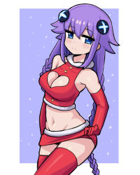 Rule 34 | 1girl, bare shoulders, black panties, blue background, blue eyes, blush, braid, breasts, buttons, choujigen game neptune, cleavage, cleavage cutout, closed mouth, clothes lift, clothing cutout, commentary, cowboy shot, crop top, donburi (donburikazoku), elbow gloves, english commentary, gloves, groin, hair between eyes, hair ornament, heart cutout, lifting own clothes, long hair, looking at viewer, lowleg, lowleg panties, medium breasts, microskirt, midriff, naughty face, navel, neptune (series), panties, purple hair, purple heart (neptunia), red gloves, red skirt, red thighhighs, santa costume, sidelocks, simple background, skindentation, skirt, skirt lift, smile, snowing, solo, standing, stomach, thighhighs, thighs, twin braids, underwear, very long hair