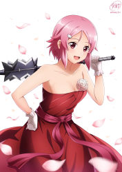 Rule 34 | 1girl, :d, belt, breasts, cleavage, collarbone, commentary request, dress, flower, freckles, gloves, hair ornament, hairclip, hand on own hip, hand up, highres, holding, holding mace, holding weapon, ken-ji, lisbeth (sao), looking at viewer, mace, open mouth, petals, pink belt, pink hair, red dress, short hair, signature, simple background, sleeveless, sleeveless dress, smile, solo, strapless, strapless dress, sword art online, weapon, white background, white flower, white gloves