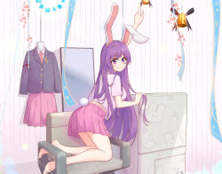 Rule 34 | 1girl, absurdres, animal ears, animal print, bare legs, barefoot, bell, black jacket, blazer, buttons, chain, closed mouth, collared shirt, commentary request, crescent, crescent pin, diving penguin, highres, jacket, lapels, light purple hair, long hair, long sleeves, midriff peek, miniskirt, mirror, moon rabbit, necktie, notched lapels, pink skirt, pleated skirt, purple eyes, rabbit ears, rabbit girl, rabbit print, rabbit tail, red necktie, reisen udongein inaba, shirt, short sleeves, skirt, smile, tail, touhou, very long hair, white shirt