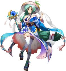Rule 34 | 1girl, absurdly long hair, aqua hair, blue kimono, blush, brown eyes, floating hair, full body, gradient skirt, hair intakes, highres, holding, holding staff, japanese clothes, kimono, langrisser, langrisser iv, long hair, long sleeves, looking at viewer, official art, open mouth, schelfaniel (langrisser), shiny skin, solo, staff, standing, standing on one leg, tabi, thighhighs, transparent background, very long hair, white thighhighs, wide sleeves