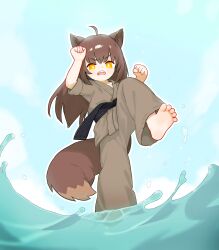 Rule 34 | 1girl, absurdres, ahoge, animal ear fluff, animal ears, barefoot, belt, black belt, brown pants, chinese commentary, clenched hand, commentary request, dougi, feet, full body, highres, kuma-bound, open mouth, original, outdoors, pants, soles, solo, standing, standing on liquid, tail, teeth, upper teeth only, water, yellow eyes