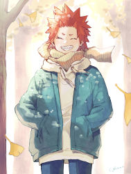 Rule 34 | 1boy, adcalcium, blue jacket, blue pants, blush, boku no hero academia, commentary request, cowboy shot, closed eyes, facing viewer, ginkgo leaf, grin, hands in pockets, highres, hood, hood down, hoodie, jacket, kirishima eijirou, leaf, long sleeves, looking at viewer, male focus, open clothes, open jacket, outdoors, pants, red hair, scarf, sharp teeth, short hair, smile, solo, spiked hair, standing, teeth, tree, white hoodie, yellow scarf