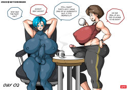 Rule 34 | 2girls, aqua hair, blue eyes, breasts, brown hair, bulge, bulma, clothes, covered erect nipples, cup, dragon ball, dragon ball super, dragonball z, english text, erection, erection under clothes, futa with futa, futanari, futanari, heart, helen parr, highres, huge breasts, large penis, large testicles, looking at viewer, medium hair, mug, multiple girls, nipples, open mouth, penis, simple background, smile, speech bubble, table, testicles, the incredibles, veins, veiny penis, watch, white background, witchking00