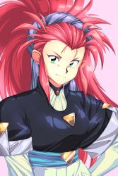 Rule 34 | 1girl, breasts, green eyes, hakubi washuu, hand on own hip, harleequeen, highres, long hair, looking at viewer, medium breasts, ponytail, purple background, red hair, smile, solo, spiked hair, tenchi muyou!, upper body