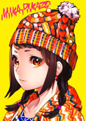 Rule 34 | 1girl, artist name, beanie, braid, brown eyes, brown hair, closed mouth, commentary request, earrings, eyeshadow, hat, hood, hood down, hoodie, jewelry, looking at viewer, makeup, mika pikazo, original, portrait, simple background, smile, solo, twin braids, upper body, yellow background
