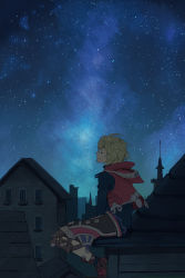 Rule 34 | 1boy, blonde hair, boots, closed eyes, highres, house, jacket, male focus, night, night sky, nintendo, poo, red jacket, rooftop, shulk (xenoblade), sky, smile, solo, star (sky), starry sky, thinking, window, xenoblade chronicles 1, xenoblade chronicles (series), xenogears