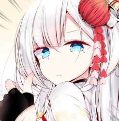 Rule 34 | 1girl, azur lane, bad id, bad twitter id, black gloves, blue eyes, close-up, commentary request, emphasis lines, fingerless gloves, floral print, gloves, hair between eyes, hair ornament, highres, japanese clothes, kimono, long hair, looking at viewer, mole, mole under eye, oouso, parted lips, shoukaku (azur lane), solo, thumbs up, white hair