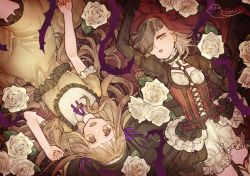 Rule 34 | 2girls, blonde hair, bloomers (victorian), blunt bangs, briar rose (sinoalice), brown eyes, choker, corset, cosplay, costume switch, flower, gothic lolita, hair ribbon, happy, lolita fashion, long hair, long sleeves, looking at viewer, lying, multiple girls, ojo aa, on back, open mouth, plant, puffy short sleeves, puffy sleeves, red riding hood (sinoalice), red riding hood (sinoalice) (cosplay), ribbon, rose, short sleeves, sidelocks, signature, sinoalice, thorns, veil, victorian, vines, wavy hair, white flower, white rose