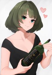 Rule 34 | 1girl, alcohol, bare arms, blue eyes, blush, bottle, breasts, brown hair, collarbone, commentary request, green eyes, heart, heterochromia, highres, holding, holding bottle, idolmaster, idolmaster cinderella girls, looking at viewer, medium breasts, mole, mole under eye, senju (snz0), short hair, short sleeves, simple background, smile, solo, takagaki kaede, upper body, white background