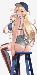 Rule 34 | 1girl, ;d, american flag legwear, arm at side, ass, baseball cap, bikini, bikini top only, blonde hair, blue bikini, blue hat, breasts, commentary request, denim, denim shorts, finger to cheek, from side, grey background, hair between eyes, hat, highres, iowa (kancolle), kantai collection, kasumi (skchkko), large breasts, long hair, looking at viewer, looking to the side, one eye closed, open mouth, shorts, sitting, smile, solo, star-shaped pupils, star (symbol), stool, swimsuit, symbol-shaped pupils