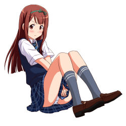 Rule 34 | 1girl, black sweater, blue necktie, blue skirt, blunt ends, blush, brown eyes, brown footwear, brown hair, closed mouth, commentary request, crotch seam, double horizontal stripe, dress shirt, embarrassed, frown, full body, green ribbon, grey socks, hair ribbon, idolmaster, idolmaster million live!, lielos, loafers, long hair, looking at viewer, miniskirt, necktie, panties, partial commentary, pleated skirt, ribbon, shirt, shoes, short sleeves, simple background, sitting, skirt, skirt tug, socks, solo, straight hair, summer uniform series (idolmaster), sweater, sweater vest, tanaka kotoha, underwear, white background, white panties, white shirt, wing collar