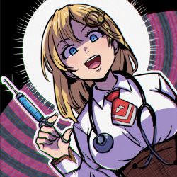 Rule 34 | 1girl, :d, akairiot, blonde hair, blouse, blush, breasts, chromatic aberration, collared shirt, highres, hololive, hololive english, holomyth, looking at viewer, medium hair, necktie, open mouth, red necktie, shaded face, shirt, smile, solo, stethoscope, syringe, teeth, virtual youtuber, watson amelia, watson amelia (1st costume), white shirt