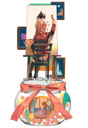 Rule 34 | 1girl, bed, black jacket, black socks, black skirt, blazer, braid, brown footwear, brown hair, chair, from behind, glass bottle, glycan, highres, hospital bed, hospital gown, jacket, jibaku shounen hanako-kun, kneehighs, loafers, long hair, long sleeves, medium hair, orange ribbon, paint splatter, paintbrush, painting (action), painting (object), palette (object), pleated skirt, ribbon, shijima mei, shoes, sketchbook, skirt, socks, solo, spoilers, twin braids, under covers