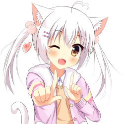 Rule 34 | 1girl, ;d, ahoge, animal ears, cardigan, cat ears, cat girl, cat tail, collared shirt, commentary request, fang, fur-trimmed jacket, fur collar, fur trim, hair between eyes, hair bobbles, hair ornament, hairclip, head tilt, heart, heart ahoge, index finger raised, jacket, koi dance, long hair, looking at viewer, one eye closed, open clothes, open jacket, open mouth, pink jacket, shirt, sidelocks, simple background, smile, solo, star (symbol), tail, twintails, upper body, white background, white hair, white shirt, xiaosamiao