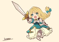 Rule 34 | 1girl, armor, blonde hair, breastplate, brown gloves, chibi, dress, floating hair, full body, gloves, greaves, green eyes, grey background, holding, holding sword, holding weapon, knight, kotatsu (g-rough), long hair, open mouth, original, outstretched arm, princess freia (kotatsu (g-rough)), signature, simple background, solo, sword, very long hair, weapon