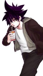 Rule 34 | + +, 1boy, black hair, black pants, brown jacket, cup, disposable cup, drinking, drinking straw, hair between eyes, hand in pocket, hello (minjong0625), highres, holding, holding cup, jacket, jin mori, male focus, pants, shirt, simple background, solo, spiked hair, standing, the god of high school, white background, white shirt