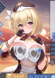 Rule 34 | 1girl, 3:, absurdres, against fourth wall, azur lane, bare shoulders, black bra, black gloves, black hat, blonde hair, blush, bra, breast press, breasts, cleavage, closed mouth, commentary request, commission, cross, detached sleeves, dress, elegant (sumisumi4268), fake screenshot, fourth wall, gloves, hair between eyes, hair bun, hair ribbon, half gloves, hands up, hat, heart, heart-shaped pupils, highres, iron cross, large breasts, leipzig (azur lane), looking at viewer, retrofit (azur lane), ribbon, see-through, short hair, sidelocks, single hair bun, single side bun, skeb commission, sleeveless, sleeveless dress, solo, standing, sunset, sweat, symbol-shaped pupils, two-tone dress, underwear, upper body, user interface, wet, wet clothes, wet dress, white dress, white ribbon