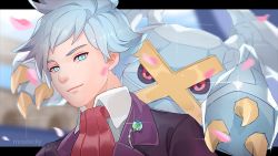 Rule 34 | 1boy, artist name, black jacket, blue eyes, blurry, closed mouth, collared shirt, commentary, creatures (company), derivative work, english commentary, game freak, gen 3 pokemon, glint, grey hair, jacket, letterboxed, male focus, metagross, mootecky, necktie, nintendo, outside border, petals, pokemon, pokemon (creature), pokemon masters ex, pokemon oras, red neckwear, screenshot redraw, shirt, short hair, smile, steven stone, watermark, white shirt