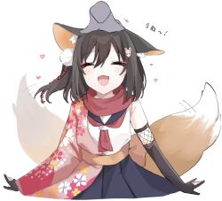 Rule 34 | 1girl, animal ears, ao (mintz), black gloves, blue archive, blue skirt, blush, brown hair, disembodied hand, elbow gloves, facing viewer, fox ears, fox tail, gloves, headpat, heart, highres, izuna (blue archive), japanese clothes, kimono, open mouth, orange tail, partially fingerless gloves, pink kimono, school uniform, serafuku, short hair, simple background, skirt, smile, solo, tail, tail wagging, white background, white serafuku, wide sleeves