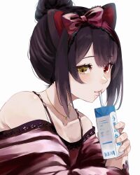 Rule 34 | 1girl, absurdres, animal ears, bare shoulders, bow hairband, camisole, closed mouth, dog ears, drinking, hair bun, hairband, heterochromia, highres, inui toko, jewelry, juice box, looking at viewer, necklace, nijisanji, off shoulder, red eyes, red shirt, robe, shirt, short hair, simple background, solo, takamiya2222, upper body, virtual youtuber, white background, yellow eyes
