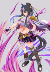 Rule 34 | 1girl, animal ears, asymmetrical footwear, bandaged leg, bandages, bandaid, bandaid on face, bandaid on nose, belt, black footwear, black gloves, black hair, boots, breasts, brown belt, cleavage, coat, coat on shoulders, commentary, crop top, cropped shirt, ear ornament, fingerless gloves, floating hair, full body, gloves, grey background, groin, hair between eyes, hand on own hip, high ponytail, highres, horse ears, horse girl, horse tail, horseshoe ornament, knee boots, large breasts, long hair, looking at viewer, midriff, mouth hold, murazo (0606), narita brian (umamusume), navel, outstretched arm, parted lips, plaid, plaid skirt, pleated skirt, ponytail, purple skirt, sarashi, shirt, sidelocks, simple background, single knee boot, single thigh boot, skindentation, skirt, sleeveless, sleeveless shirt, solo, stalk in mouth, standing, tail, thigh boots, thighhighs, torn clothes, torn coat, umamusume, underbust, white coat, white shirt, yellow eyes