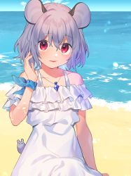 Rule 34 | 1girl, akagashi hagane, alternate costume, animal ears, bare shoulders, beach, blue sky, blush, collarbone, day, dress, grey hair, hair between eyes, hand up, horizon, jewelry, light smile, looking at viewer, mouse (animal), mouse ears, nazrin, necklace, ocean, off-shoulder dress, off shoulder, outdoors, parted lips, pendant, red eyes, short hair, sky, solo, touhou, water, white dress