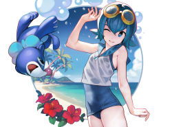 Rule 34 | 1girl, ataruman, beach, blue eyes, blue hair, blue one-piece swimsuit, blue sky, cloud, commentary request, creatures (company), day, flower, game freak, gen 7 pokemon, goggles, goggles on head, hair between eyes, hand up, highres, lana (pokemon), nintendo, ocean, one-piece swimsuit, pokemon, pokemon (creature), pokemon sm, popplio, shirt, simple background, sky, swimsuit, swimsuit under clothes, thighs, wet, wet clothes, wet shirt, white background, white shirt