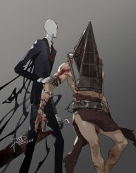 Rule 34 | 2boys, artist name, black jacket, black pants, black suit, blood, blood on arm, blood on hands, blood on leg, collared shirt, covered face, creepypasta, dated, dress pants, faceless, faceless male, feet out of frame, formal, grey background, hand on another&#039;s arm, horror (theme), jacket, konami, male focus, mask, monster, multiple boys, pants, psd (psdgai), pyramid head, red eyes, shirt, silent hill (series), silent hill 2, simple background, skinny, slender man, standing, suit, suit jacket, white shirt