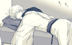 Rule 34 | 1boy, absurdres, closed eyes, couch, gintama, grey background, greyscale, hair between eyes, highres, japanese clothes, kimono, lying, male focus, monochrome, on couch, on stomach, parted lips, pillow, sakata gintoki, shirt, simple background, sleeping, solo, twitter username, uraki (tetsu420)