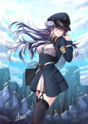 Rule 34 | 1girl, 86 -eightysix-, adsouto, armband, billboard, breasts, garter straps, grey eyes, grey hair, hat, highres, long hair, medium breasts, military, military uniform, parted lips, peaked cap, rubble, signature, solo, thighhighs, uniform, vladilena millize, wind, wind lift