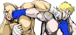 Rule 34 | !, !!, 2boys, abs, artist request, biceps, blonde hair, blue gloves, clenched hand, clenched hands, gloves, highres, kinniku suguru, kinnikuman, kinnikuman (character), large pectorals, looking at another, manly, mask, multiple boys, muscular, pectorals, punching, smile, terryman, wrestling, wrestling mask, wrestling outfit