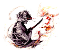 Rule 34 | 1boy, bad id, bad pixiv id, bandages, fighting stance, fire, iduhara, male focus, manly, ready to draw, red eyes, rurouni kenshin, shishio makoto, solo, sword, weapon