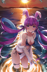 Rule 34 | 1girl, :|, absurdres, animal ears, bikini, braid, breasts, bridal garter, cleavage, closed mouth, colored inner hair, cqingwei, front-tie bikini top, front-tie top, highres, hololive, horizon, in water, jacket, large breasts, long sleeves, minato aqua, multicolored hair, open clothes, open jacket, purple bikini, purple eyes, purple hair, rabbit ears, side-tie bikini bottom, string bikini, sunset, swimsuit, twintails, virtual youtuber, wading, water drop