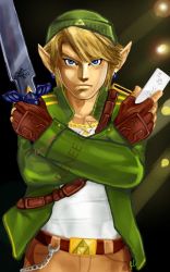 Rule 34 | 1boy, belt, blonde hair, blue eyes, contemporary, controller, crossed arms, dual wielding, earrings, fingerless gloves, game controller, gloves, hat, holding, jacket, jewelry, charm (object), link, master sword, nintendo, open clothes, open jacket, pointy ears, scabbard, sheath, shizuka-shi, sword, the legend of zelda, triforce, watermark, weapon, wii remote