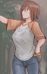 Rule 34 | 00s, 1girl, bra, breasts, brown hair, casual, denim, jeans, large breasts, lingerie, aged up, pants, rain, rozen maiden, see-through, short hair, solo, souseiseki, tsuda nanafushi, underwear, wet, wet clothes