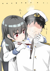 Rule 34 | 1boy, 1girl, absurdres, admiral (kancolle), arm around neck, black hair, blowing, blush, burnt hair, closed mouth, commentary request, disgust, faceless, faceless male, frown, gloves, highres, isokaze (kancolle), kantai collection, long hair, long sleeves, military, military uniform, naval uniform, red eyes, ryuki (ryukisukune), signature, simple background, steam, uniform, upper body, white gloves, white headwear, yellow background