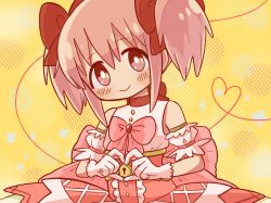 1girl back_bow bare_shoulders blush_stickers bow bow_choker bowtie bright_pupils buttons center_frills choker closed_mouth commentary_request cowboy_shot detached_sleeves dot_nose frilled_sleeves frills gloves hair_between_eyes hair_bow happy heart heart_hands heart_of_string highres kaname_madoka leon0510 looking_at_viewer mahou_shoujo_madoka_magica mahou_shoujo_madoka_magica:_walpurgis_no_kaiten pink_bow pink_bowtie pink_corset pink_eyes pink_hair pink_skirt puffy_short_sleeves puffy_sleeves red_bow red_brooch red_choker shirt short_hair short_sleeves short_twintails skirt sleeveless sleeveless_shirt smile solo star_(symbol) tareme twintails white_gloves white_pupils white_shirt white_sleeves yellow_background