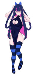 Rule 34 | 1girl, adjusting hair, alternate costume, aqua eyes, blue bow, bow, breasts, cleavage, cleavage cutout, clothing cutout, curvy, dress, hair bow, heart cutout, highres, large breasts, long hair, navel, panty &amp; stocking with garterbelt, pink hair, purple hair, radon86 nya, sleeveless, sleeveless dress, solo, stocking (psg), striped clothes, striped thighhighs, thighhighs, vietnamese dress, white background