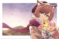 Rule 34 | 1girl, absurdres, animal ear fluff, animal ears, arknights, black headwear, border, bouquet, brown hair, cat ears, closed mouth, day, dreamerdlt, flower, green eyes, highres, holding, holding bouquet, looking at viewer, mountainous horizon, mousse (arknights), mousse (campfire cooking smoke) (arknights), multicolored hair, official alternate costume, orange flower, outdoors, outside border, purple flower, red flower, red scarf, scarf, short hair, smile, solo, twitter username, two-tone hair, upper body, white border, white hair, yellow flower