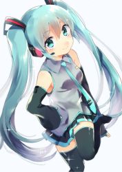 Rule 34 | 1girl, aqua hair, bad id, bad pixiv id, detached sleeves, green eyes, hand on own hip, hatsune miku, headset, long hair, looking at viewer, necktie, ponpoko, skirt, smile, solo, sparkle, thighhighs, twintails, very long hair, vocaloid, white background