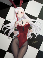 Rule 34 | 1girl, animal ears, armpit crease, bare shoulders, between breasts, black necktie, blonde hair, breasts, checkered floor, cleavage, commentary, detached collar, fake animal ears, hands on own breasts, highleg, highleg leotard, highres, kantai collection, large breasts, leotard, long hair, lying, massachusetts (kancolle), multicolored hair, necktie, necktie between breasts, odachu, on back, on floor, pantyhose, playboy bunny, rabbit ears, red eyes, red hair, red leotard, solo, strapless, strapless leotard, streaked hair