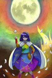 Rule 34 | 1girl, blue hair, cape, card, dress, hairband, highres, merumoru6060, moon, multicolored clothes, multicolored dress, multicolored hairband, pointing, pointing up, rainbow gradient, red button, short hair, sky print, tenkyuu chimata, touhou, two-sided cape, two-sided fabric, white cape