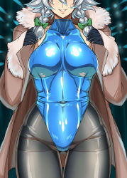 Rule 34 | 1girl, absurdres, black pantyhose, blue leotard, blush, braid, breasts, coat, covered erect nipples, covered navel, cowboy shot, gloves, hair ribbon, head out of frame, highres, hip focus, izayoi sakuya, large breasts, leotard, lips, open clothes, open coat, pantyhose, parted lips, ribbon, shiny clothes, short hair, silver hair, skin tight, smile, solo, standing, tajima yuuki, teeth, thigh gap, thighband pantyhose, touhou, twin braids