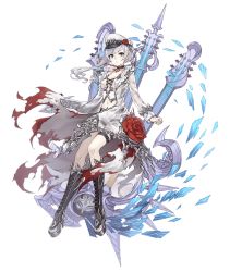 Rule 34 | 1girl, asymmetrical bangs, blood, blood on clothes, breasts, choker, flower, full body, grey eyes, guitar, hat, instrument, ji no, looking at viewer, navel, official art, peaked cap, platform footwear, platform heels, rose, see-through, short shorts, shorts, sinoalice, small breasts, snow white (sinoalice), solo, thigh strap, torn clothes, transparent background, white hair