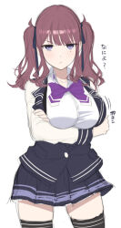 1girl arms_under_breasts black_ribbon black_skirt black_socks blazer blush bow bowtie breasts brown_hair collared_shirt crossed_arms hair_ribbon hands_on_own_breasts jacket jitome kneehighs large_breasts long_sleeves looking_at_viewer loose_bowtie mole mole_under_eye natsuki_karin open_mouth purple_bow purple_bowtie purple_eyes ribbon shirt sidelocks simple_background sketch skirt socks standing twintails voiceroid white_background white_shirt yappen